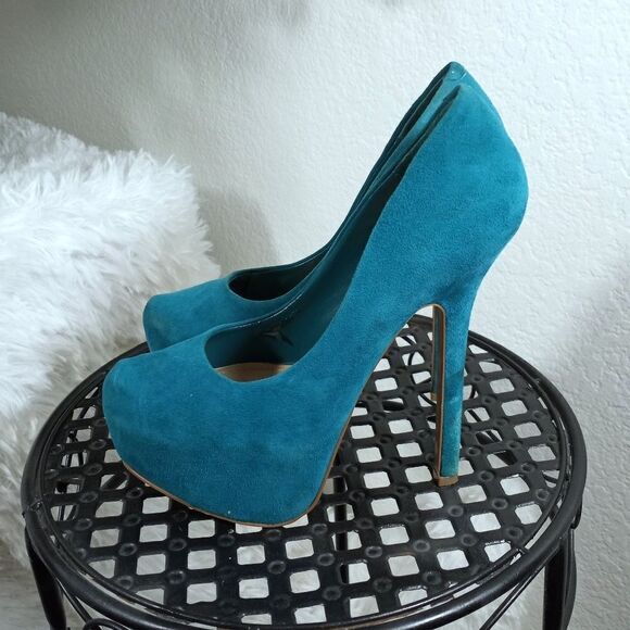 STEVE MADDEN BABYLON TEAL GREEN SUADE PLATFORM HEELS SZ.6M GUC - Picture 3 of 9